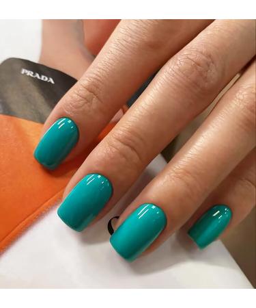 Square Press on Nails Short Fake Nails Cyan False Nails with Solid Color Design Full Cover Acrylic Nails Glossy Glue on Nails Cute Press on Nails Stick on Nails for Women and Girls DIY Manicure 24Pcs