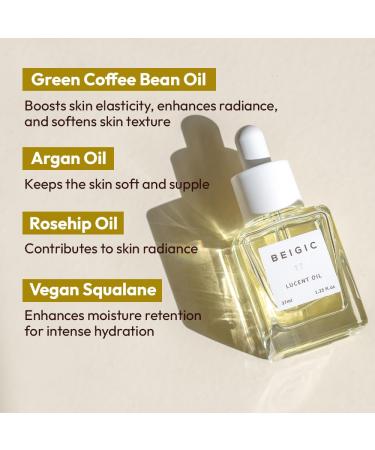 BEIGIC Lucent Oil - Vegan Korean Skincare Face Oil with Green Coffee Bean Argan Rosehip & Squalane | Hydrating Serum for Luminous Skin (1.25 Fl. Oz - Buy Online on GoSupps.com