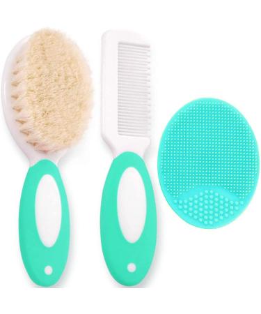 Baby Hair Brush and Comb Set for Newborns & Toddlers | Natural Soft Goat Bristles | with Silicone Cradle Cap Brush | Ideal for Cradle Cap | Perfect Baby Registry Gift (Green)