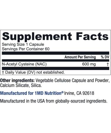 1MD Nutrition NAC Supplement 600 mg - Antioxidant & Detox Support - N-Acetyl Cysteine for Lung Health - 60 Capsules - International Shipping Available - Buy Online on GoSupps.com