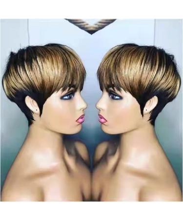 Alcobi Pixie Cut Human Hair Wig for Black Women - Short Bob with Bangs, Black/Brown Highlights - 8 Inch Non Lace Wig - Buy Online on GoSupps.com