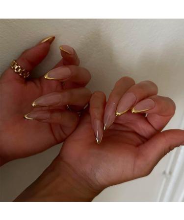 French Tips Press on Nails with Stiletto Designs Nude Sparkly Full Cover Acrylic Nails Glossy Gold Glitter Fake Nails Medium Almond Shape False Nails X Glue Stick on Artificial Fingernails for Women Golden Guardian