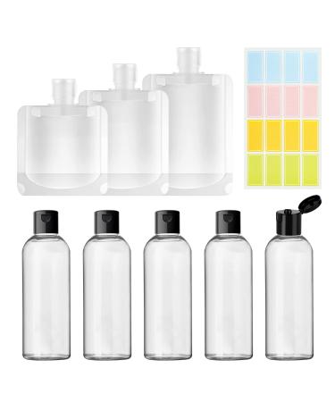 Clear Plastic Empty Squeeze Bottles 5 Pack 3.4oz/100ml Travel Bottles and 3 PCS Refillable Empty Squeeze Pouch TSA Approved Refillable Travel Pouches for Shampoo Conditioner Cosmetics with Lables