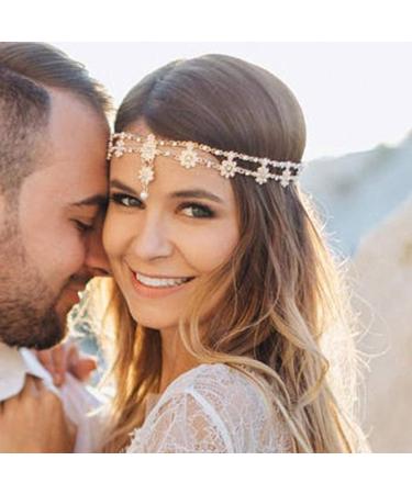 Jovono Boho Flower Head Chain | Gold Pearl Headband | Stylish Pearl Hair Accessories for Women & Girls - International Shipping - Buy Online on GoSupps.com