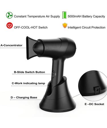 Cordless Hair Dryer Portable Travel Hair Dryer Rechargeable Handheld Hair Dryer for Art Painting/Home/Outdoor - Buy Online on GoSupps.com