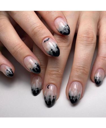 24Pcs Halloween Press on Nails French Medium Fake Nails Pink Almond Acrylic Nails with Cute Ghost Pumpkin and Flame Pattern Designs Full Cover False Nails Artificial Glue on Nails for Women Manicure Halloween set5