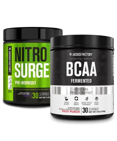 Jacked Factory Nitrosurge Pre-Workout in Grape & BCAA in Fruit Punch for Muscle Building and Recovery