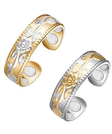 Vicmag 4X Strength Magnetic Copper Rings for Women with 3500 Gauss Magnets 100% Solid Pure Copper Adjustable with Jewelry Gift Box 2PCS (Gold Silver & Silver Gold) Gold Silver & Silver Gold Plum