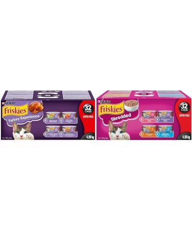 Purina Friskies Turkey Experience Wet Cat Food Super Pack 32 x 156g Cans Brown (44338) & Shredded Wet Cat Food Poultry & Fish Combo Variety Pack 4 Flavours - 156 g Can (32 Pack) Cat Food + Cat Food 32 Pack