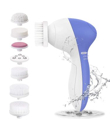 Facial Cleansing Brush - Waterproof face scrubber with 8 Brush Heads for Deep Cleansing, Gentle Exfoliating, Removing Blackhead and Skin Care [Newest Upgraded 2021 Version] (Blue)
