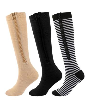 KATUDUDE 3 pairs of knee socks with zip compression stockings with zipper compression stockings for women and gentlemen compression stockings for sports cycling air travel m l/xl