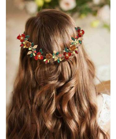 Red Flower Rhinestone Bridal Hair Vine | Gold Green Headband for Bride | Wedding & Evening Party Accessories - Buy Online on GoSupps.com