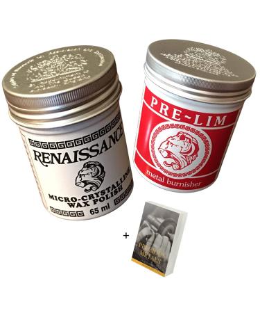 Renaissance Wax Polish & Pre Lim Surface Cleaner Set - 65ml Jewelry Restoration of Silver Gold Brass Copper Metal Car Microcrystalline Wax Polishing Compound E-book