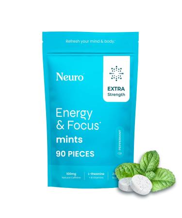 Neuro Energy & Focus Mints Extra Strength - Sugar Free Breath Mints with 100mg Natural Caffeine B Vitamins & L-Theanine - Vegan Brain Supplement for Exercise Study & Daily Focus - Peppermint 90 ct 90 Count (Pack of 1) P