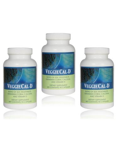 3 VeggieCal-D: Sea Vegetables Okinawan Coral Calcium Vitamin D3 - 3 Bottles 90 Veg Caps Ea