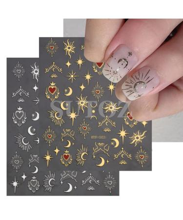 Diduikalor 3 Sheets Sun Star Nail Art Stickers Bronzing Moon Nail Decals 3D Self-Adhesive Heart Nail Stickers Rose Gold Sliver Design Nail Transfer Decals for Women Manicure Decorations Mt-zjt-om-033