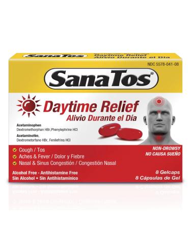 Sanatos Daytime Relief Gelcaps 8 Count Fast Relief for Cough Nasal & Sinus Congestion and Body Aches with Acetaminophen Dextromethorphan HBr & Phenylephrine