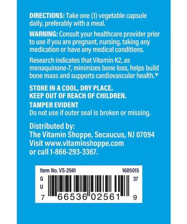 The Vitamin Shoppe Vitamin K2 MK-7 100 MCG - Bone Density & Arterial Health | Menaquinone-7 | 60 Capsules | Vegan 60 Count (Pack of 1) - Buy Online on GoSupps.com