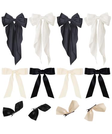 TYXHXTF 12 Pieces Big Bow Hair Clips With Long Silky Satin Solid Color Large Bowknot Hairpin Hair Clip Bow Hair Clips Hair Fastener Accessories For Women Girls French Barrette Hair Bows(Black White)
