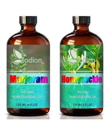 Honeysuckle Essential Oil 4 Fl Oz and Marjoram Essential Oil 4 Fl Oz - ZODION Honeysuckle & Marjoram Oil for Diffuser Aromatherapy Home Fragrance Skin & Hair Care DIY Candle & Soap Making Yoga