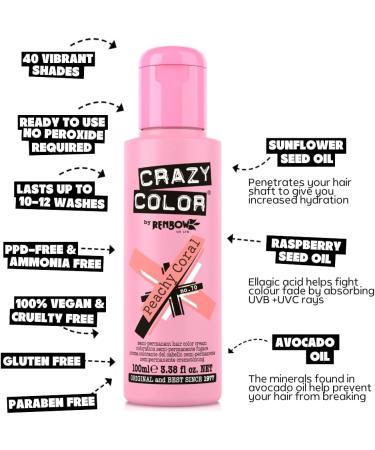 Crazy Color Vibrant Peachy Coral Semi-Permanent Duo Hair Dye. Highly Pigmented Pinky Peach Conditioning & Oil Nourishing Vegan Formula | No Bleach or Ammonia | 200ml - Buy Online on GoSupps.com