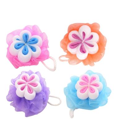 Healifty Shower Sponge Ball Unique Flower Shape Mesh Bath Balls Back Scrubber for Family Use 4pcs