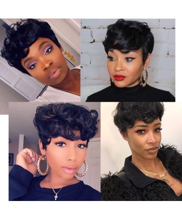 Short Curly Pixie Cut Wig for Black Women - Fluffy Natural Wavy Synthetic Hair with Bangs | Black Color (1B) - Buy Online on GoSupps.com