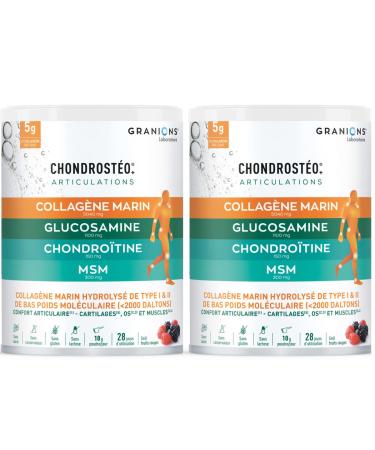 GRANIONS - CHONDROSTEO - Marine Collagen + Magnesium + Vitamin D + Calcium - Painful Joints - Hydrolyzed Collagen + MSM + Glucosamine Chondroitin - Vitamin D3- Pack of 2 - 280g Pot x2
