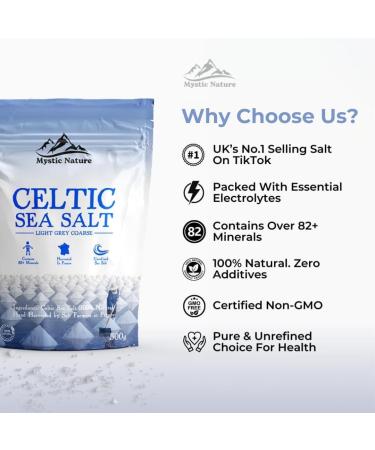 Mystic Nature Celtic Sea Salt - 500g | 100% Organic | Natural Unrefined Mineral Rich Celtic Salt Crystals From France | Rich In Magnesium Calcium Iron Potassium - Buy Online on GoSupps.com