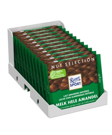 RITTER SPORT-Whole Almonds- 100 g bar Milk chocolate - Take it everywhere - Box of 11 bars