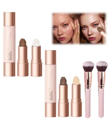 Bolisiya No Limits Cream Bronzer Stick - 2PCS Harmony Bronzer Stick 2 in 1 Cream Bronzer and Highlighter Stick Long Lasting Waterproof Face Brighten Creamy Sculpting Bronzer Stick with brush (01+02)