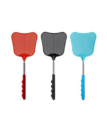 Extendable Fly Swatter 3 Pcs Durable Heavy Duty Plastic Manual Swat Pest Swatter with Extendable Stainless Steel Handle for Office Home School Swat Pest Fly(Black Red Blue)