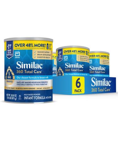 Similac 360 Total Care Infant Formula, with 5 HMO Prebiotics, Our Closest Formula to Breast Milk, Non-GMO, Baby Formula Powder, 30.8-oz Can (Case of 6) 1.92 Pound (Pack of 6)