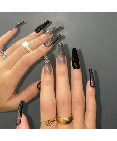 BABALAL Glitter Press on Nails Black French Fake Nails Shiny Clip on Nails Long Ballerina Artificial Finger Manicure with Nail Glue for Women and Girls NailK011