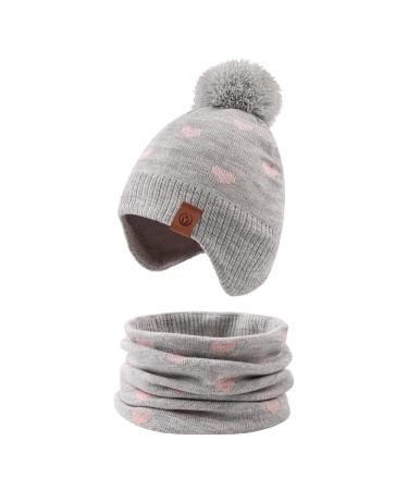 XIAOHAWANG Knitted Baby Hat Winter Warm Boys Girls Beanie Fleece Lining Toddler Kids Hat with Pompom 2-4 Years Gray Hat+Scarf