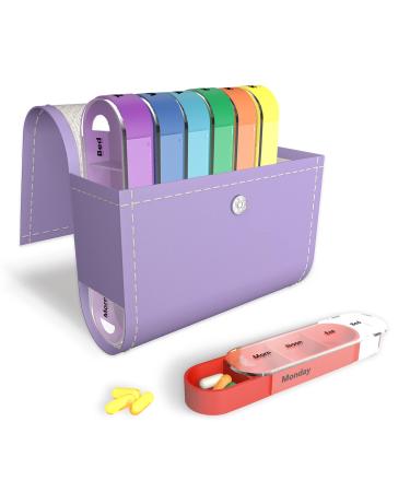 Pill Organizer,LIZIMANDU Weekly Travel Pill Case Box Medication Reminder Daily AM PM, Day Night 7 Compartments,for 4 Times A Day, 7 Days a Week-Includes Leather PU Carrying Case(1-Purple)