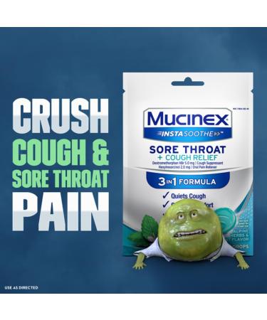 Mucinex InstaSoothe Sore Throat + Cough Relief Alpine Herbs & Mint Flavor Fast Acting Cooling Comfort Powerful Sore Throat Oral Pain Reliever 40 Medicated Drops (40 Count (Pack of 3)) - Buy Online on GoSupps.com