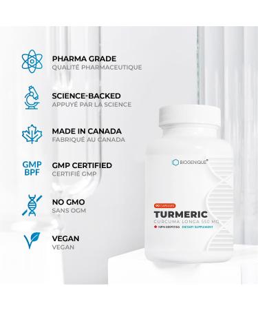 BIOGENIQUE turmeric supplement 90 Natural Turmeric Curcumin 500 mg high-efficiency capsules - Healthy Joint & Inflammation Support -Pharmaceutical grade Vegan Made in Canada - Standardized 95% Curcuminoids - Buy Online on GoSupps.com