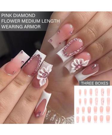 PLCPDM False s Flower Full Cover Tips French White Tip Stick On Rhinestones Press On for Women 1 set 1 box - Buy Online on GoSupps.com