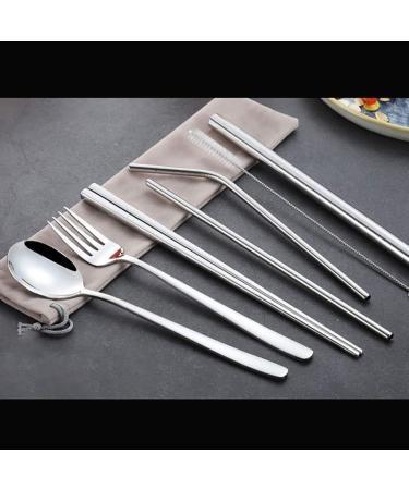 fublousRR5 Cutlery Set 8Pcs Stainless Steel Tableware Kit Chopsticks Spoon Fork Straws Cutlery Set Portable Silver - Buy Online on GoSupps.com