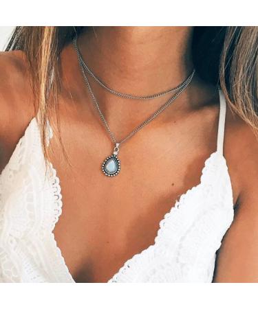 Anlagrace Halloween Necklace Bohemia Layered Opal Choker Necklace Gemstone Necklace Teardrop Necklace Opal Gem Charm Pendant Necklace Gemstone Statement Jewelry for Women and Girls