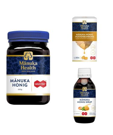 Manuka Health MGO 550+ Manuka Honey 500 g & MGO 400+ Ginger Lemon Lozenges (100 g) & Manuka Health Honey Syrup MGO 250+