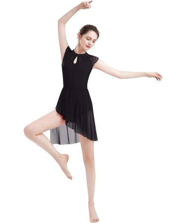 Lyrical Dance Dress with Lace Cap Sleeve & Asymmetrical Tulle Skirt - XS-XL, Black - Buy Online on GoSupps.com