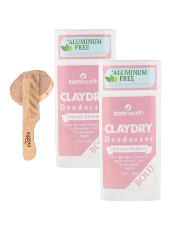 Zion Health Claydry Deodorant 2.8 Oz Stick With Wooden Comb Aluminum Free Deodorant Bold Sweet Amber Vegan Deodorant Strength Protection Absorbs Wetness Eco-Conscious Pack Of 2