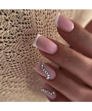 French Tip Press on Nails - Short Square Press On Nails with Nail Tips Colourful Rhinestones chain Design press on nails Acrylic False Nails Cute Artificial Nails