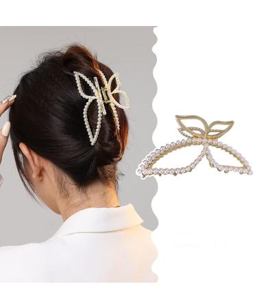 Metal Pearl Hair Claw Clips Butterfly Hair Accessories Elegant Large Rhinestones Headbands Hairpin Hair Tie Hair Crab Barrette Head Bands Hair Accessories Clamp Hair Ornaments for Women 1Pcs