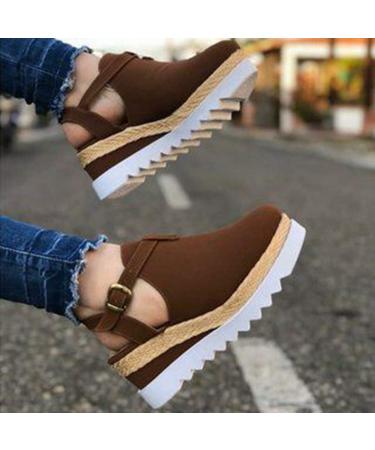 Women's sandals with wedge heel outdoor leisure time buckle plateau house shoes beach sandals women sexy wedge heel Roman muffin with thick floor baotou buckle sandals non-slip sole 1 bruin 38 EU