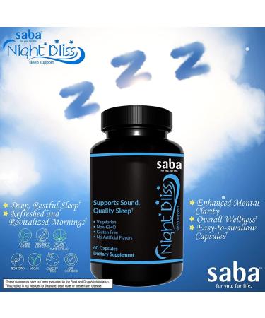 Saba Night Bliss Natural Sleep Aid | Non-Habit Forming | Sleep Supplement for Longer Sleep & Stress Relief w/Magnesium, Melatonin, GABA, Chamomile, & Valerian (60 Vegan Capsules, 30 Day Supply) - Buy Online on GoSupps.com