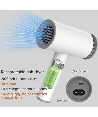 USB Wireless Hair Dryer 2000mAh Lithium Battery Rechargeable Cordless Hair Dryer Portable Travel Blowdryer w/Hot & Cold Wind for Outdoor/Indoor - Buy Online on GoSupps.com