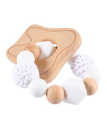 Organic Silicone Baby Teething Toy Bracelet Set - Healifty Beaded Rings & Wooden Shapes x2 - Beige 8x8cm - Buy Online on GoSupps.com